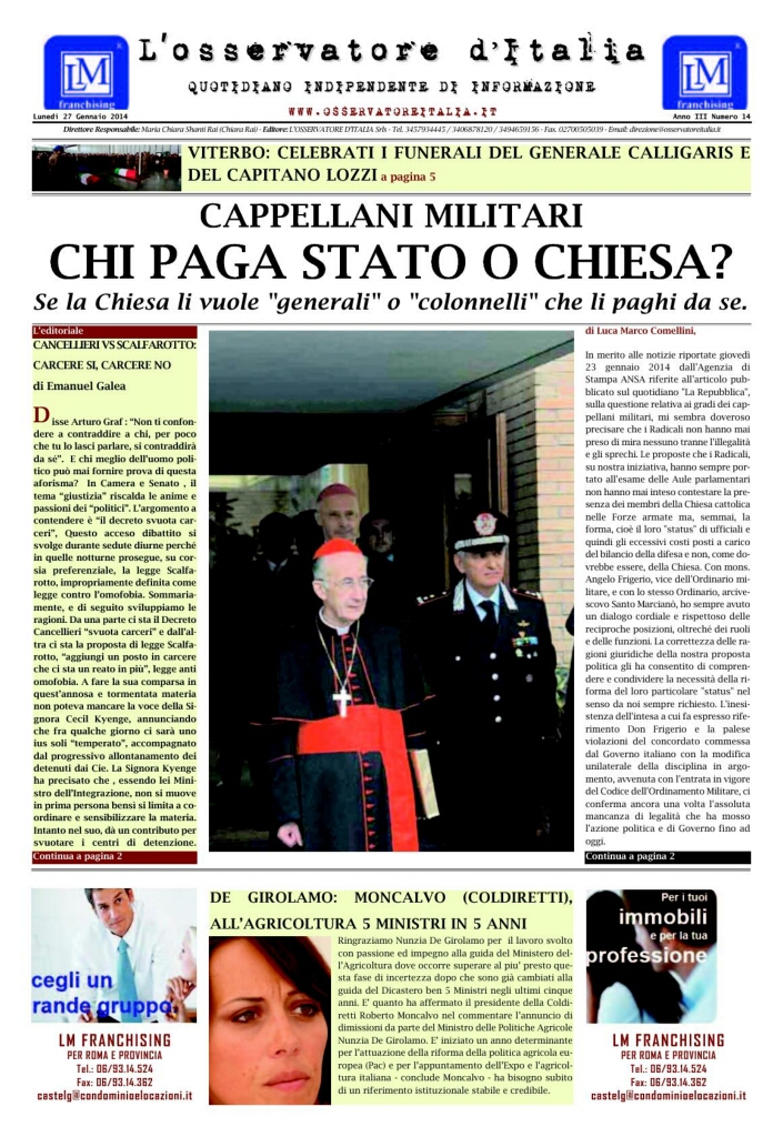 L'osservatore d'Italia edizione del 27 Gennaio 2014